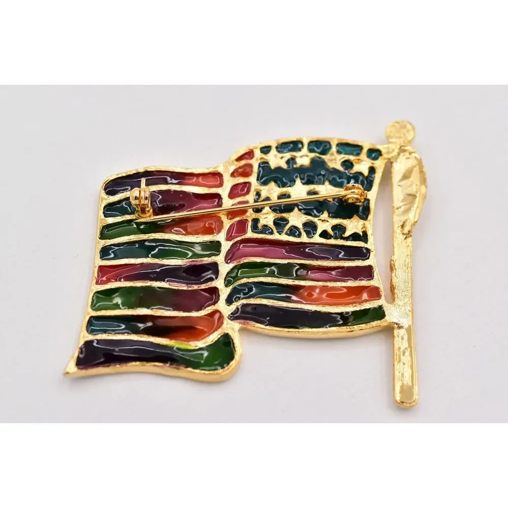 Pride Month Rainbow American Flag Brooch Multicolor Enamel Gold Pin Chunky BinBI